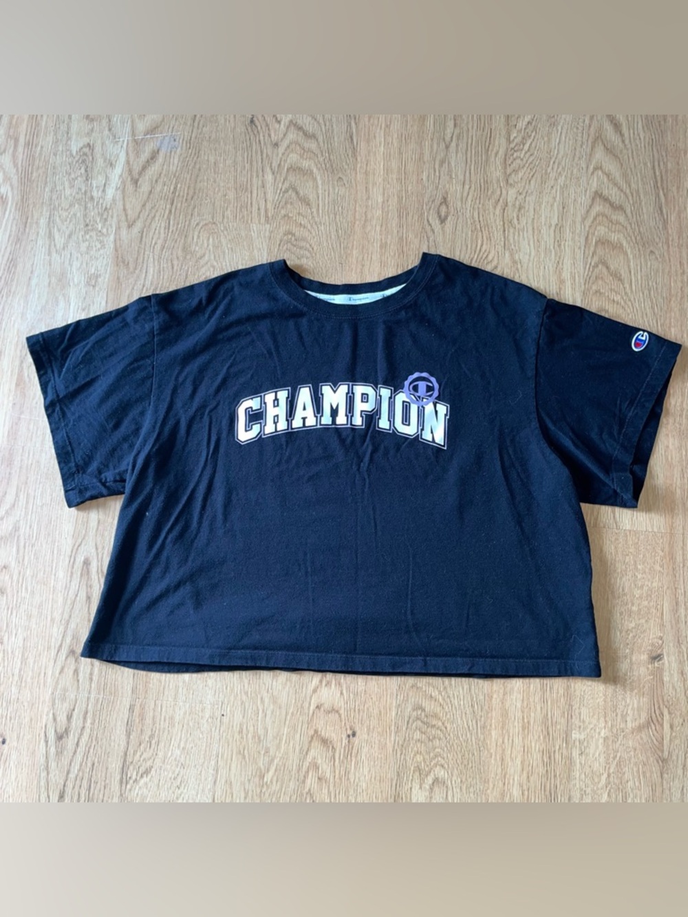 Champion Black Cropped Tee with White Logo and Purple Accent Kids XL (XS/S)